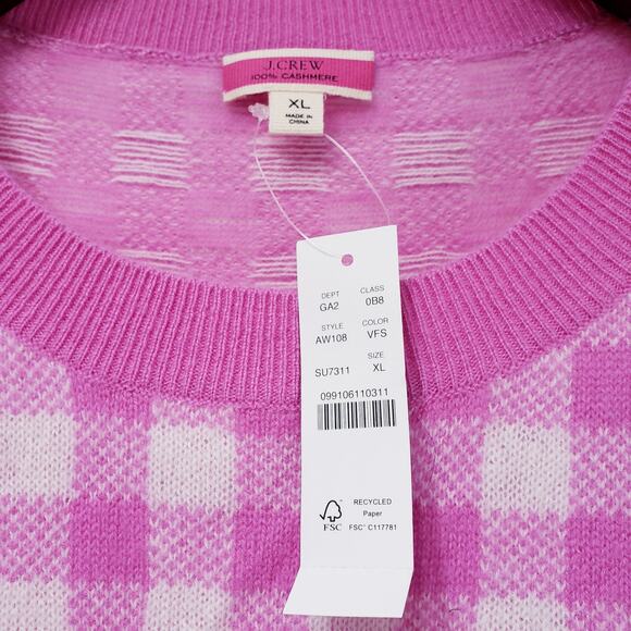 NWT J. Crew 100% Cashmere Crew Neck Sweater Gingham Pink White Women's Size XL - Picture 2 of 8